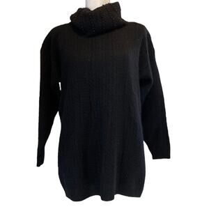 Vintage 80s Black Mohair Wool Beaded Turtleneck Cable Knit Sweater Size Medium